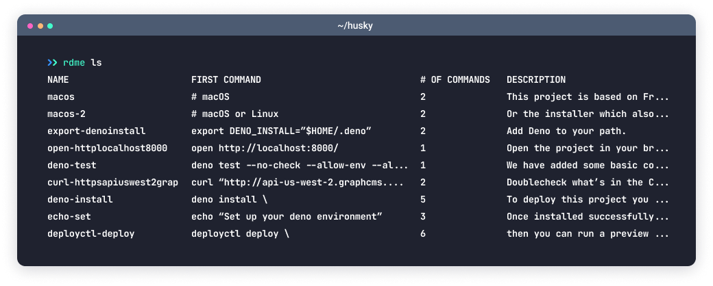 Terminal with runme list command
